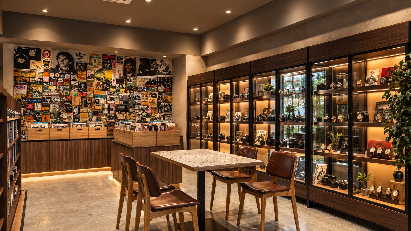 The Revolver Club Bengaluru - vinyl crates and glass cabinets of film cameras and vintage watches (concept render)