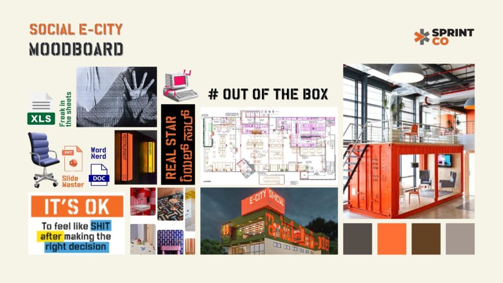 SOCIAL ECity moodboard — corporate satire references translated into interior design